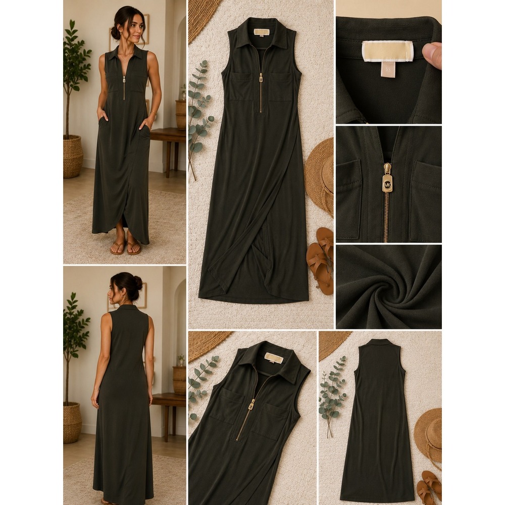 Michael Kors Sleeveless Maxi Dress Womens XS Olive Green Utility Chic